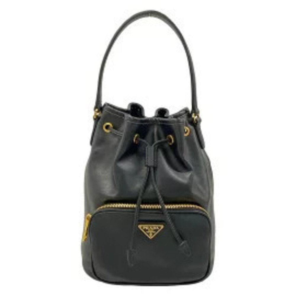 Prada Duet Handbag Drawstring Black Leather